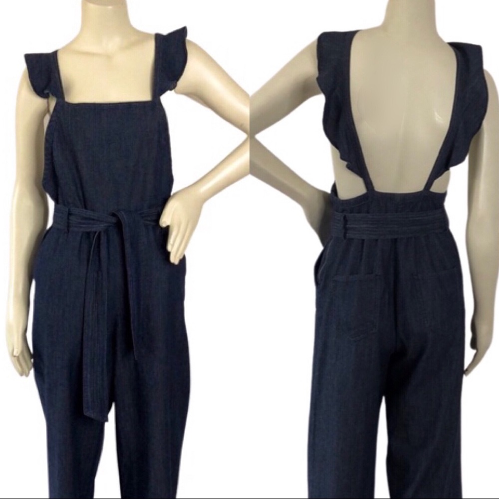 JOIE Ruffle Sleeve Backless Tie Waist Wide‎ Leg Denim Jumpsuit w/ Pockets Sz 4